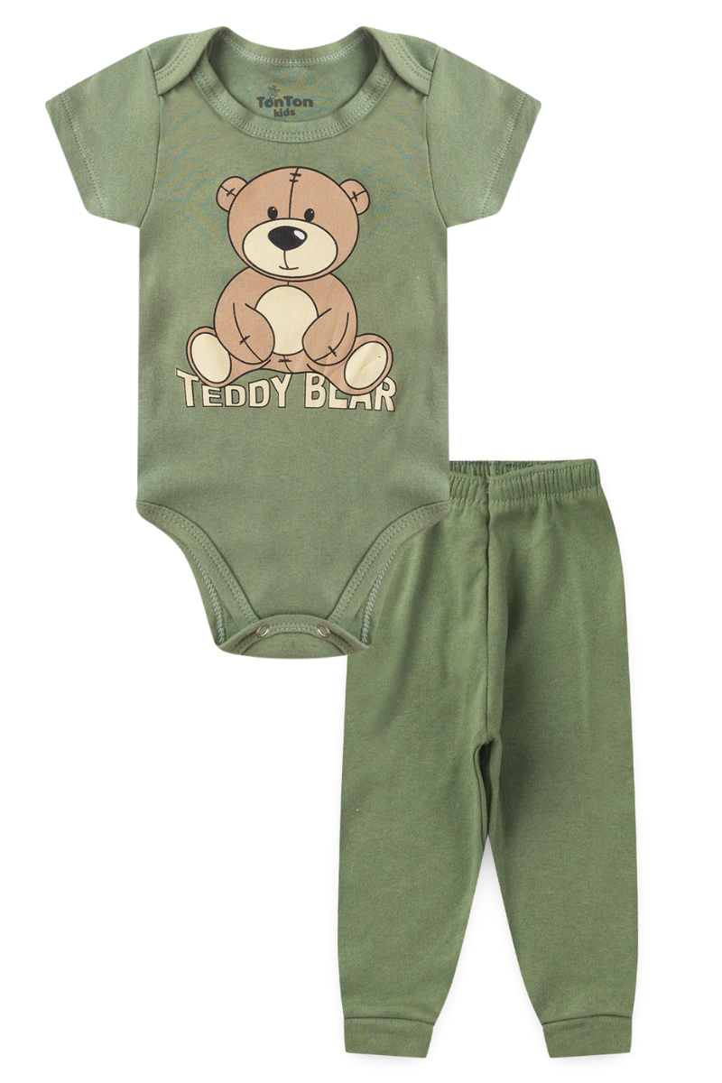Conjunto Body Bebê Manga Curta Menino 2 Peças Teddy Bear Verde - TonTon Kids Ton 2436 Vrd