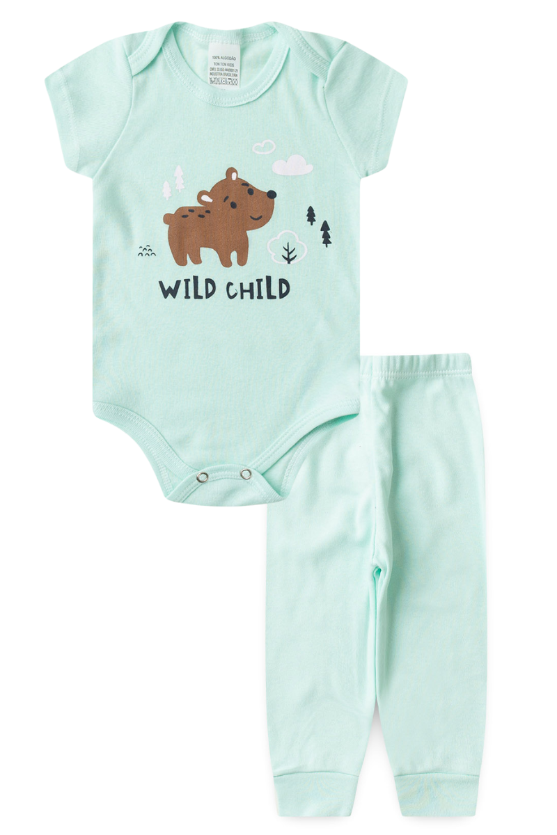 Conjunto Body Bebê Manga Curta Menino 2 Peças Wild Child Verde Claro - TonTon Kids