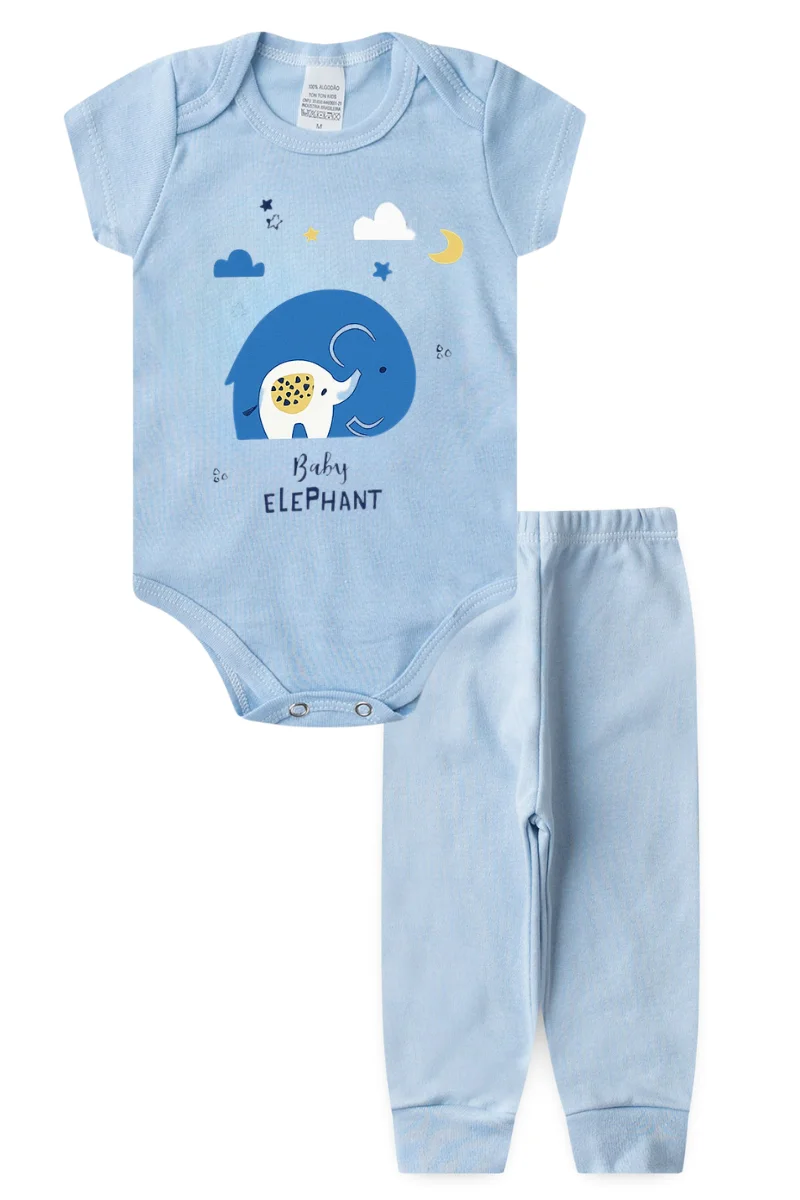 Conjunto Body Bebê Manga Curta Menino 2 Peças Elefante Azul - TonTon Kids Ton 2437 Azu