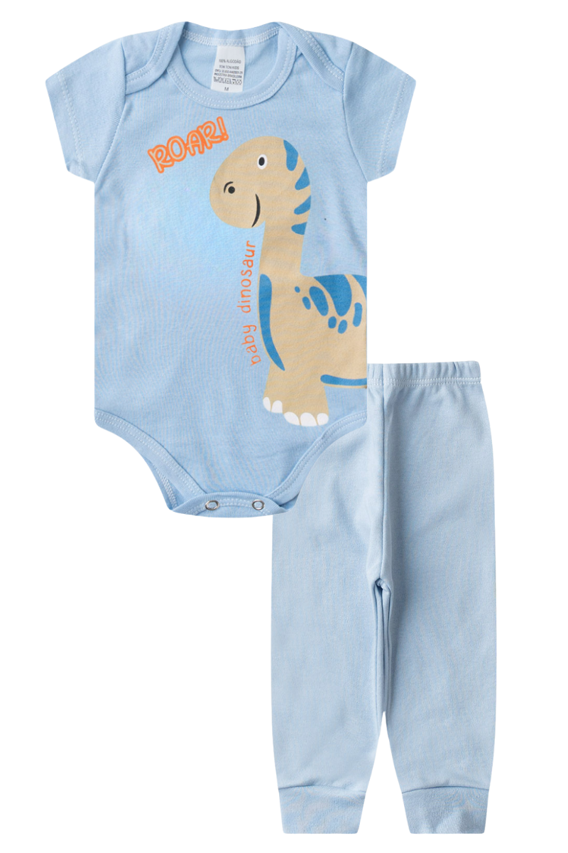 Conjunto Body Bebê Manga Curta Menino 2 Peças Dino Roar Azul - TonTon Kids
