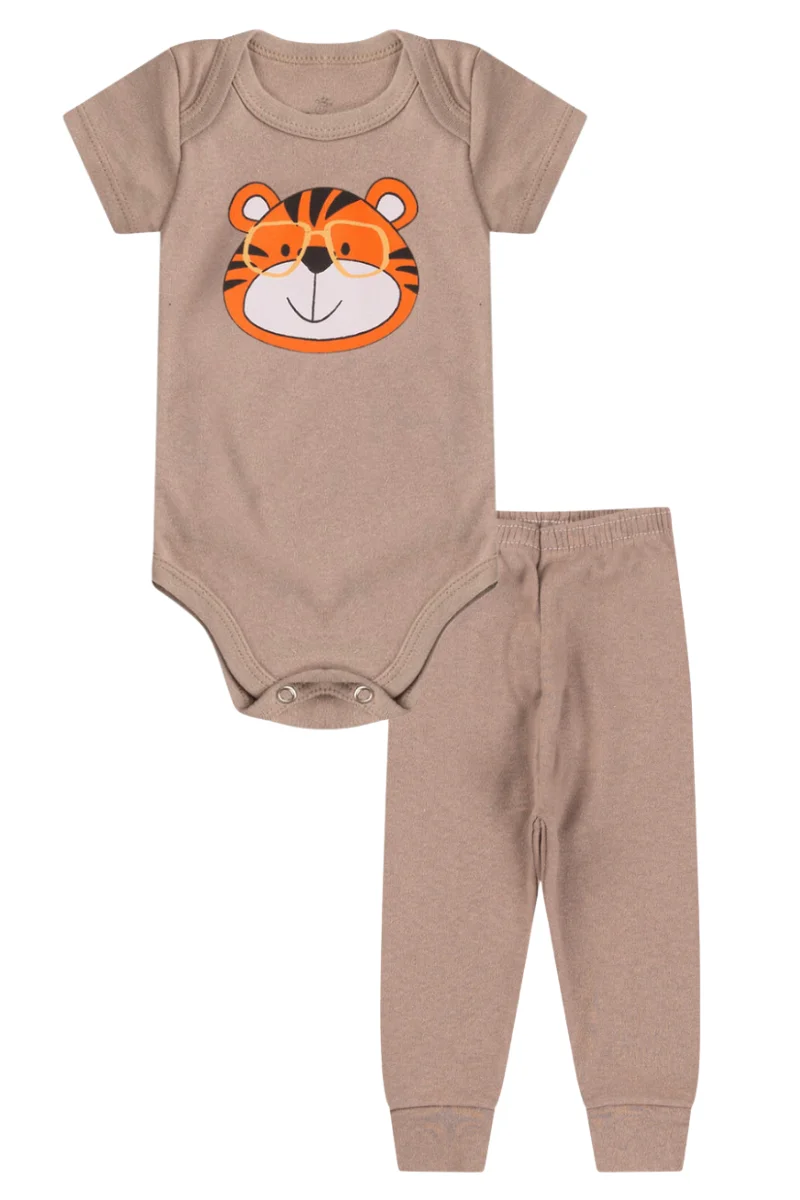 Conjunto Body Bebê Manga Curta Menino 2 Peças Tigre Marrom - TonTon Kids