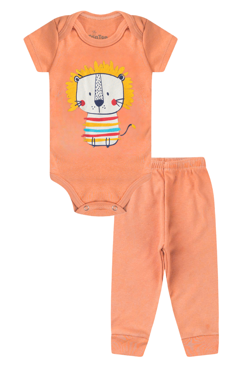 Conjunto Body Bebê Manga Curta Menino 2 Peças Leao Laranja - TonTon Kids