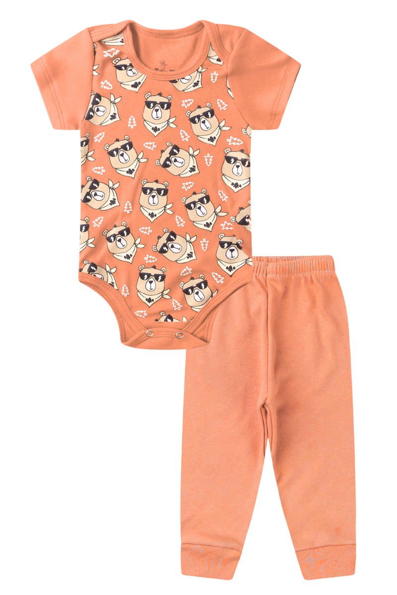 Conjunto Body Bebê Manga Curta Menino 2 Peças Ursos Laranja - TonTon Kids