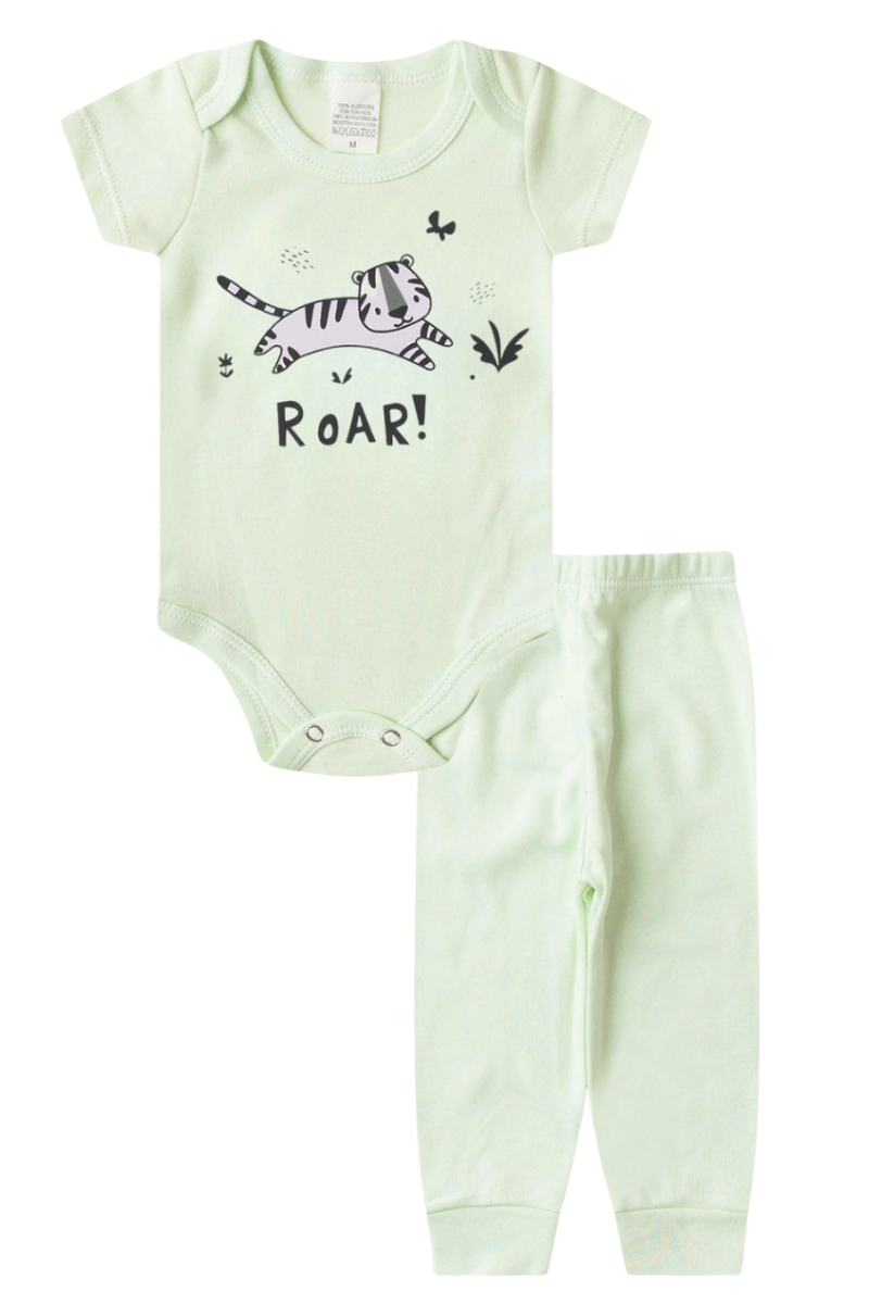 Conjunto Body Bebê Manga Curta Menino 2 Peças Roar Verde Claro - TonTon Kids