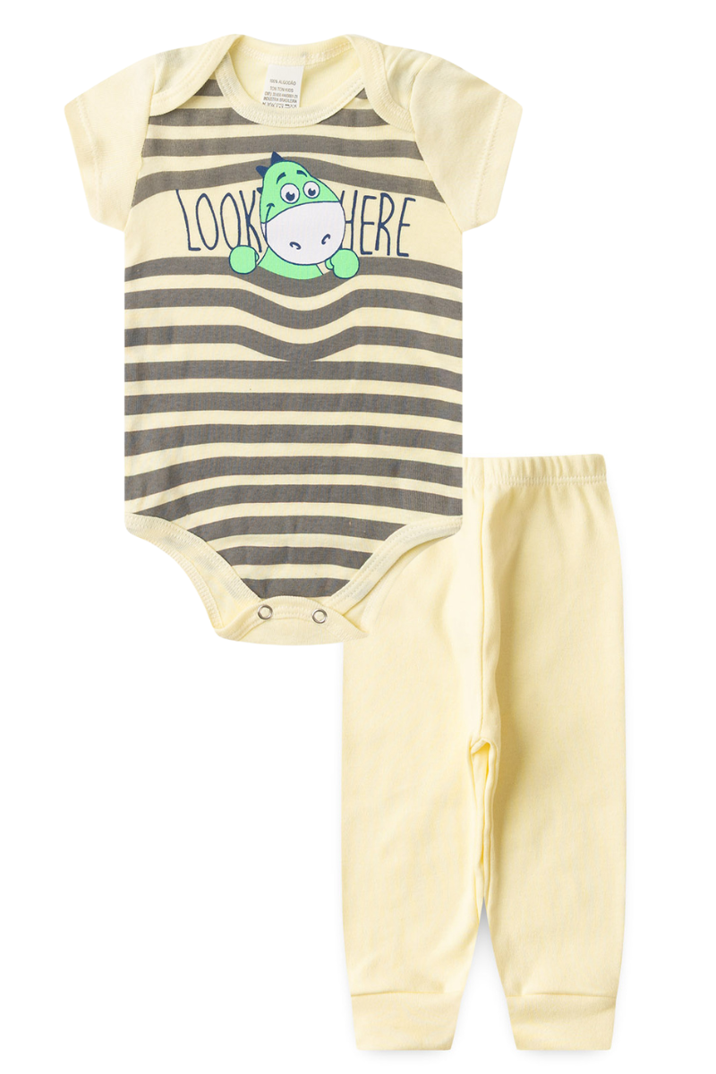 Conjunto Body Bebê Manga Curta Menino 2 Peças Dino Amarelo - TonTon Kids