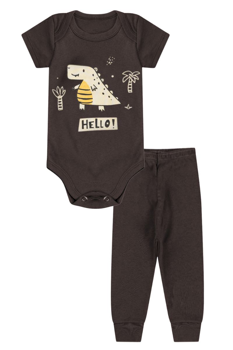 Conjunto Body Bebê Manga Curta Menino 2 Peças Dino Marrom - TonTon Kids