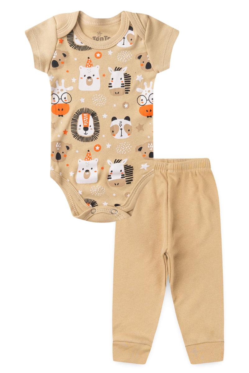 Conjunto Body Bebê Manga Curta Menino 2 Peças Animais Bege - TonTon Kids