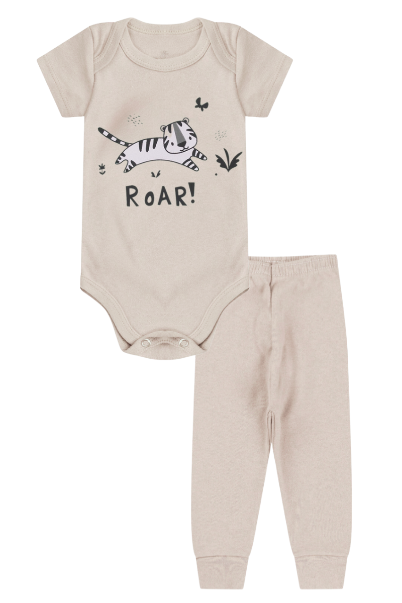 Conjunto Body Bebê Manga Curta Menino 2 Peças Roar Bege - TonTon Kids