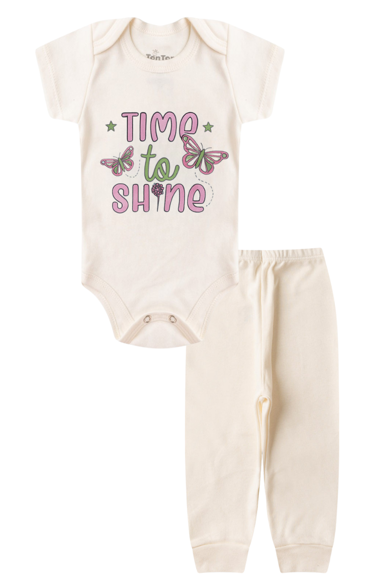 Conjunto Body Bebê Manga Curta Menina 2 Peças Time To Off White - TonTon Kids