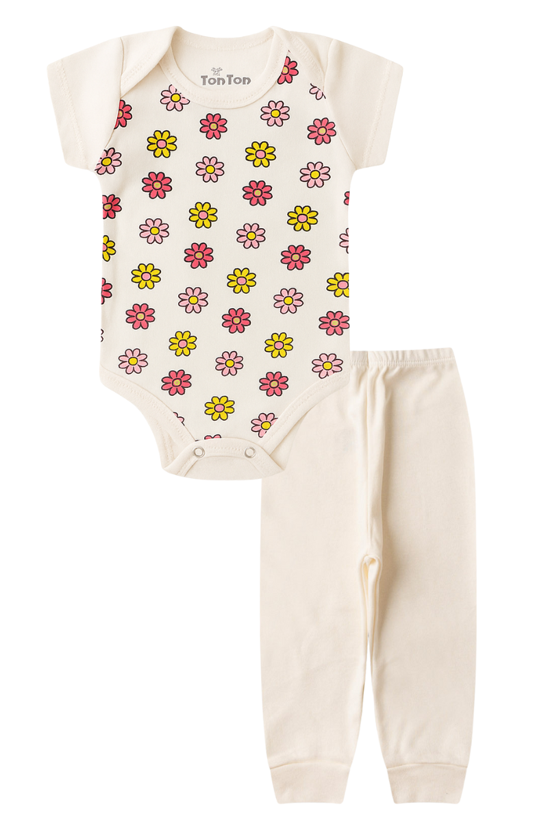 Conjunto Body Bebê Manga Curta Menina 2 Peças Flores Off White - TonTon Kids