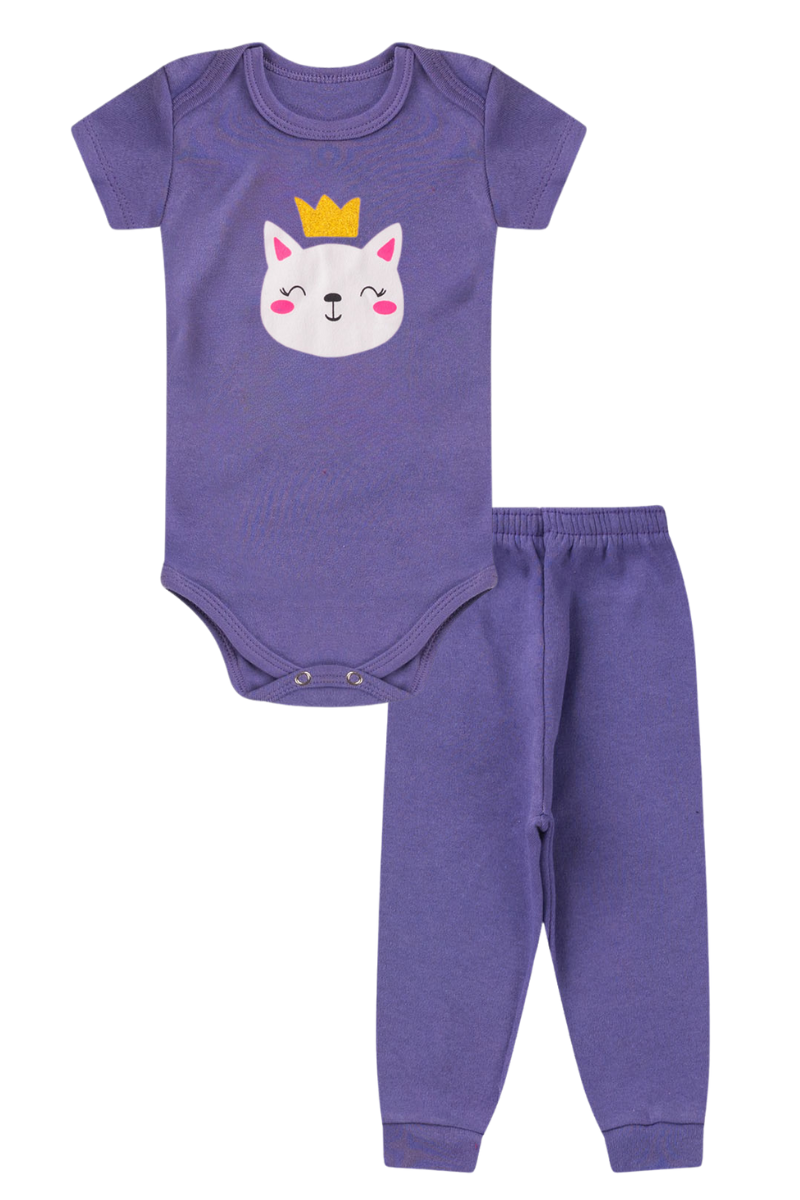 Conjunto Body Bebê Manga Curta Menina 2 Peças Gatinho Roxo - TonTon Kids