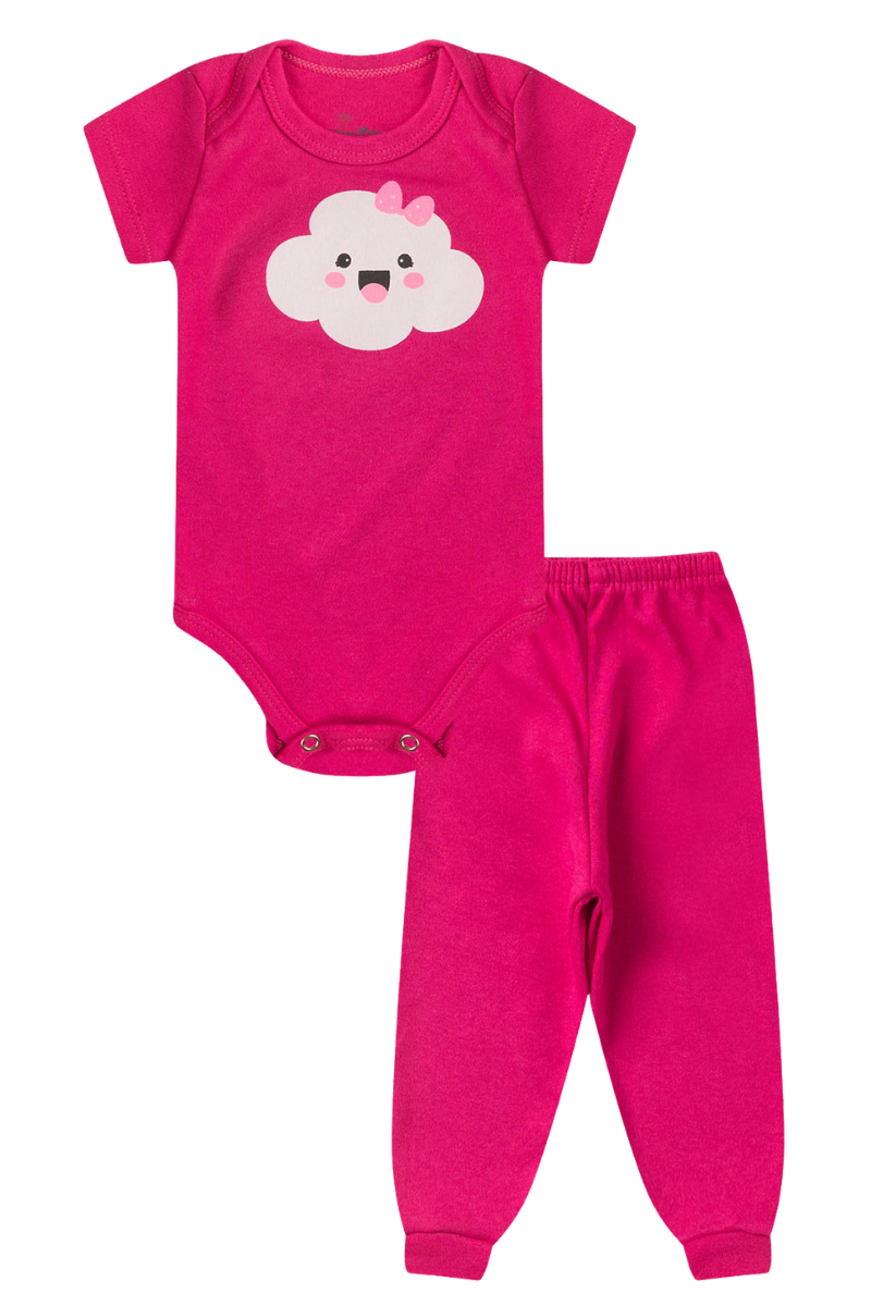 Conjunto Body Bebê Manga Curta Menina 2 Peças Nuvem Pink - TonTon Kids Ton 2451 Pnk
