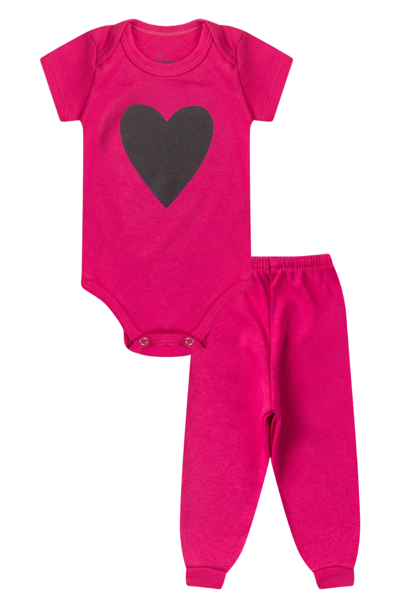 Conjunto Body Bebê Manga Curta Menina 2 Peças Coracao Pink - TonTon Kids