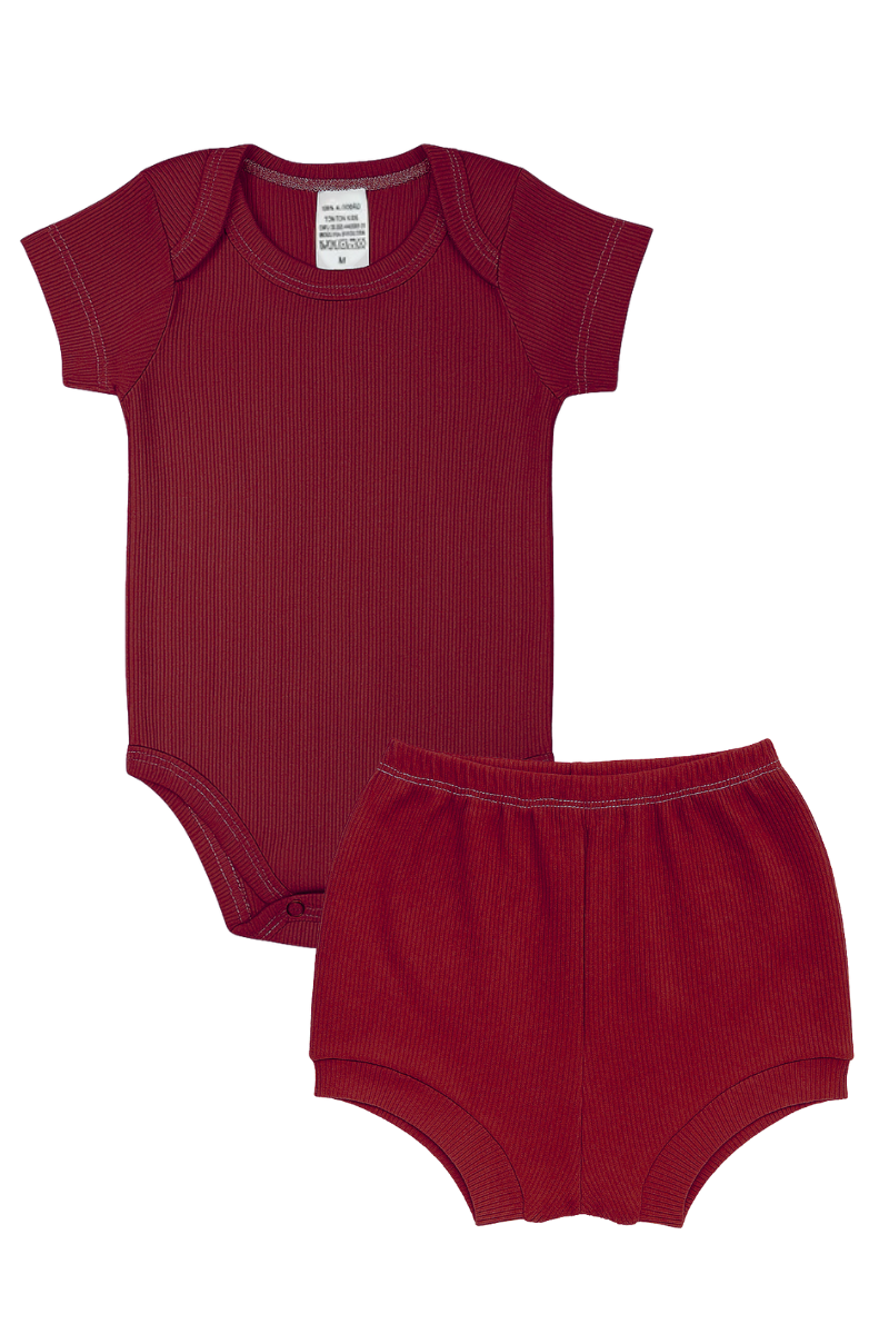 Conjunto Body Bebê Verão Menina 2 Peças Canelado Bordo - TonTon Kids