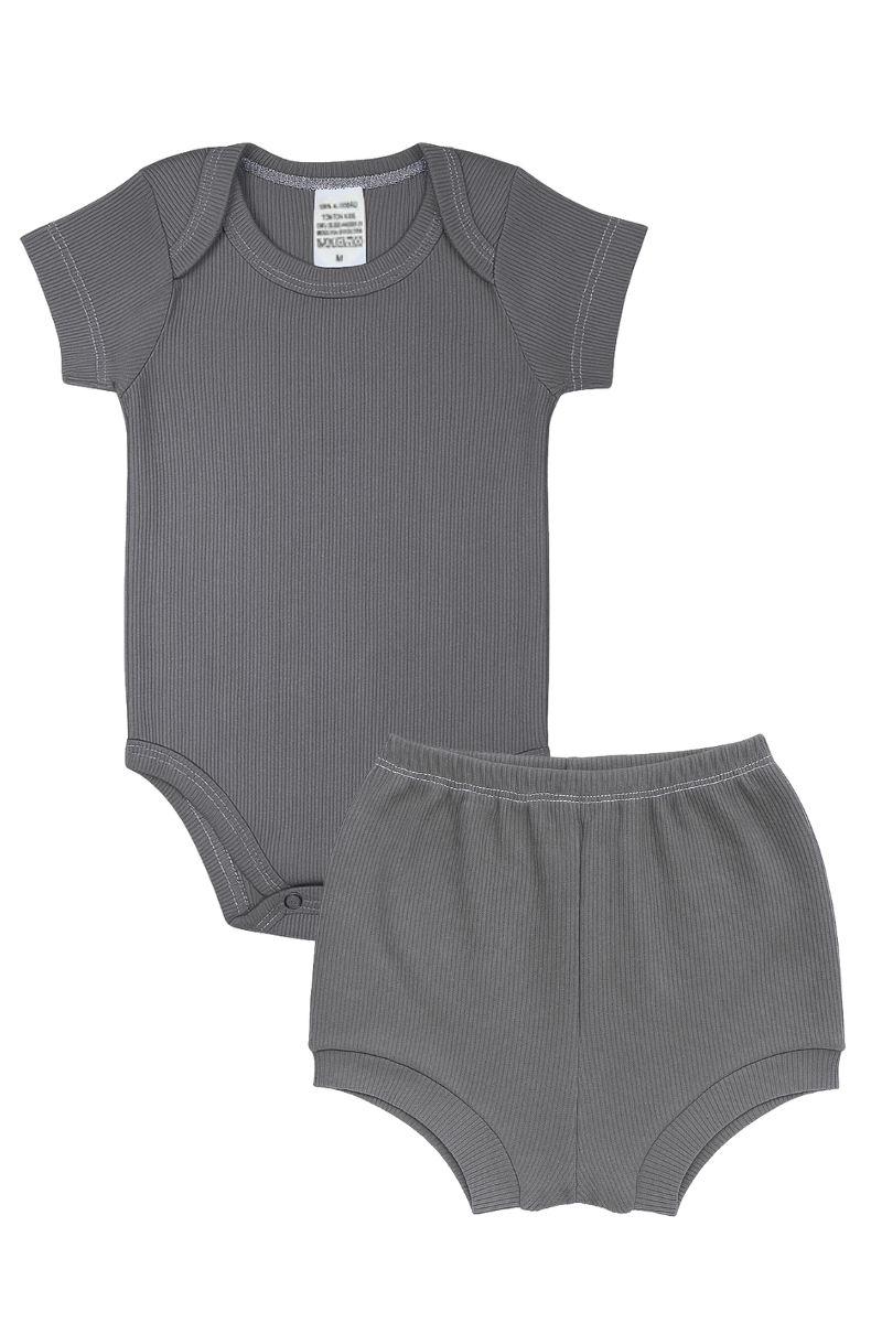 Conjunto Body Bebê Verão Menino 2 Peças Canelado Cinza - TonTon Kids