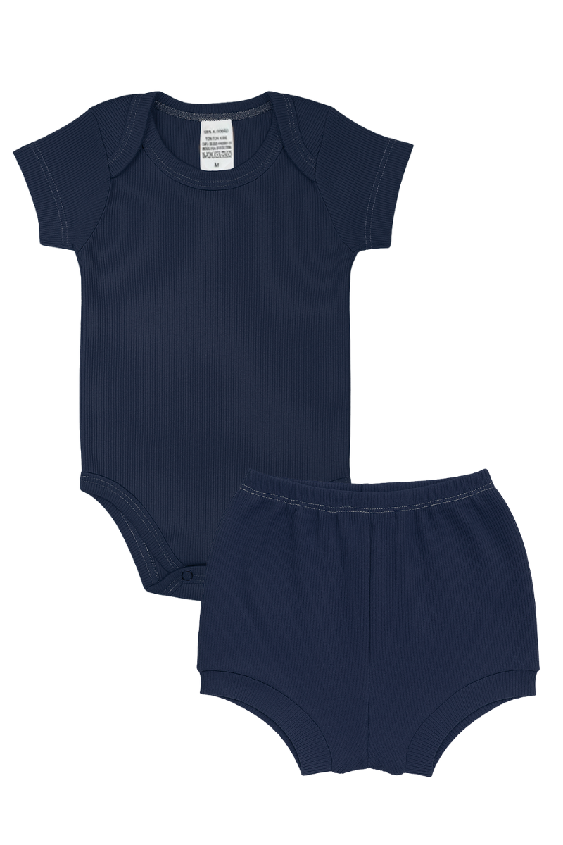 Conjunto Body Bebê Verão Menino 2 Peças Canelado Marinho - TonTon Kids