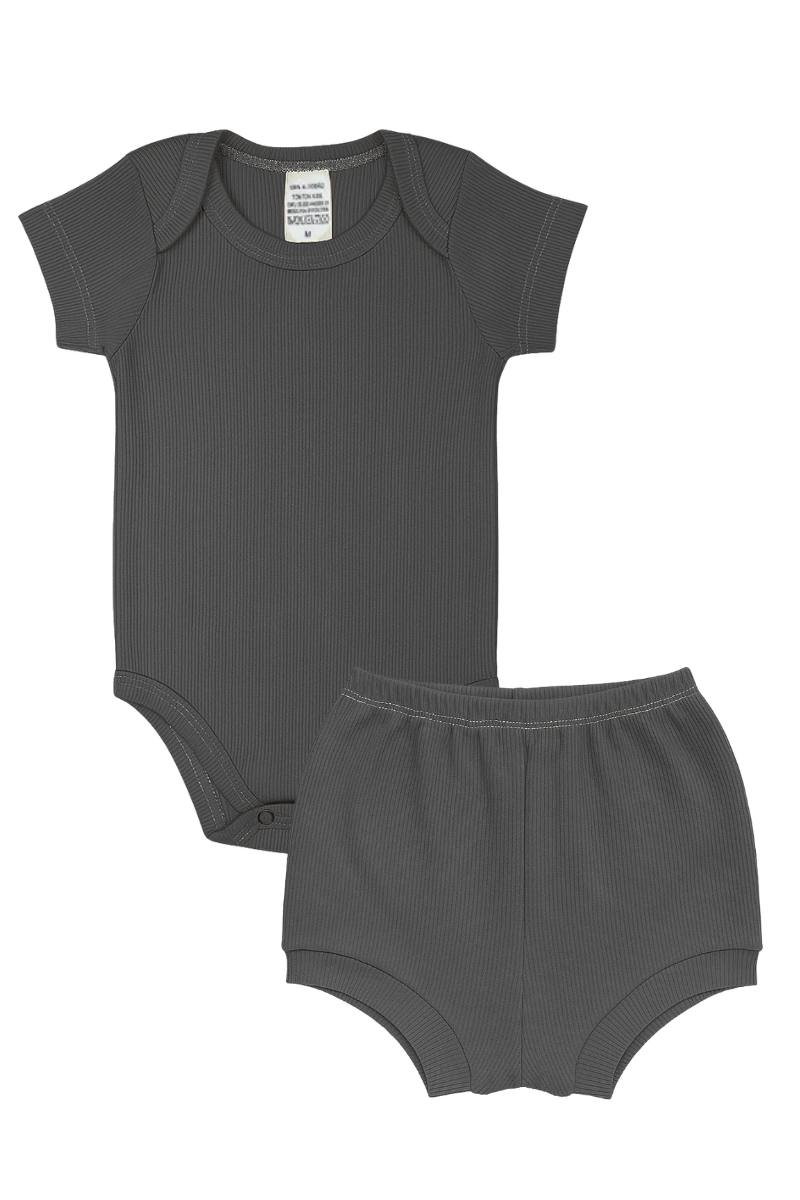 Conjunto Body Bebê Verão Menino 2 Peças Canelado Chumbo - TonTon Kids