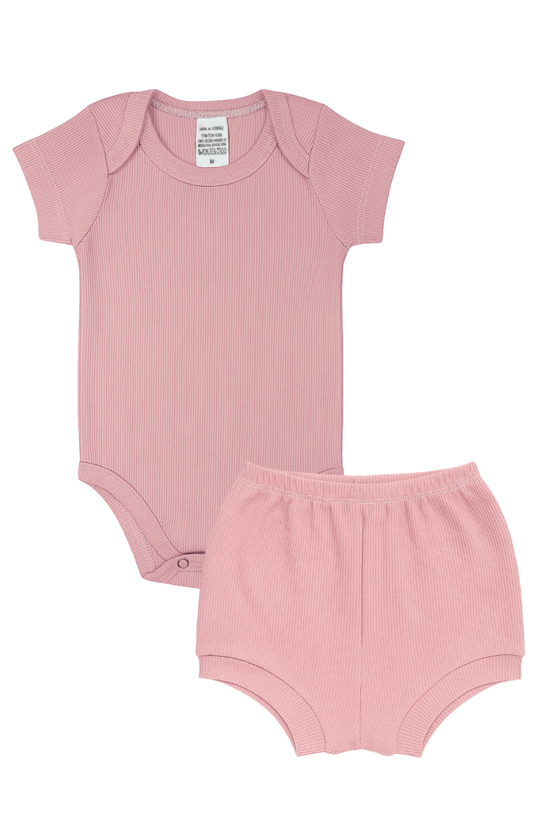 Conjunto Body Bebê Verão Menina 2 Peças Canelado Rosa - TonTon Kids