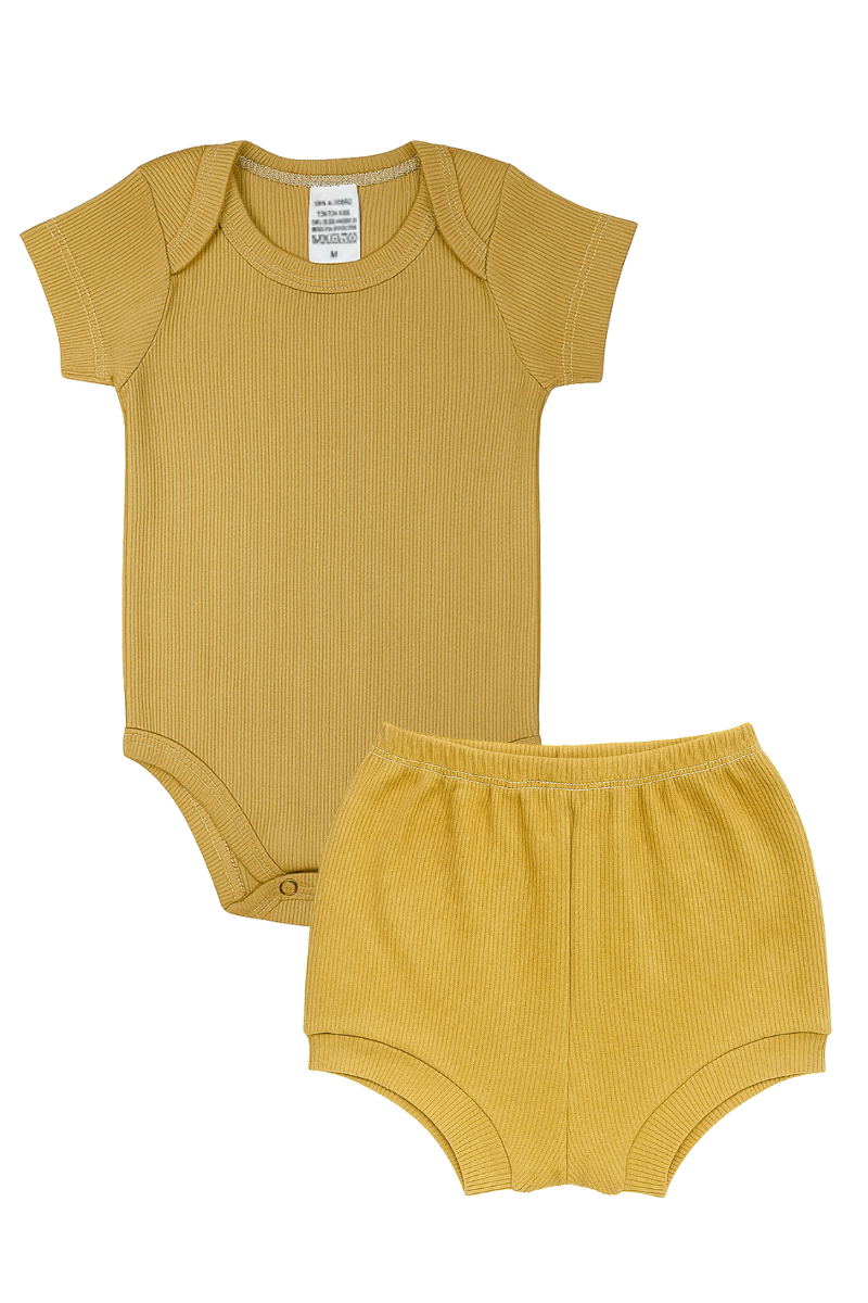 Conjunto Body Bebê Verão Menino 2 Peças Canelado Mostarda - TonTon Kids