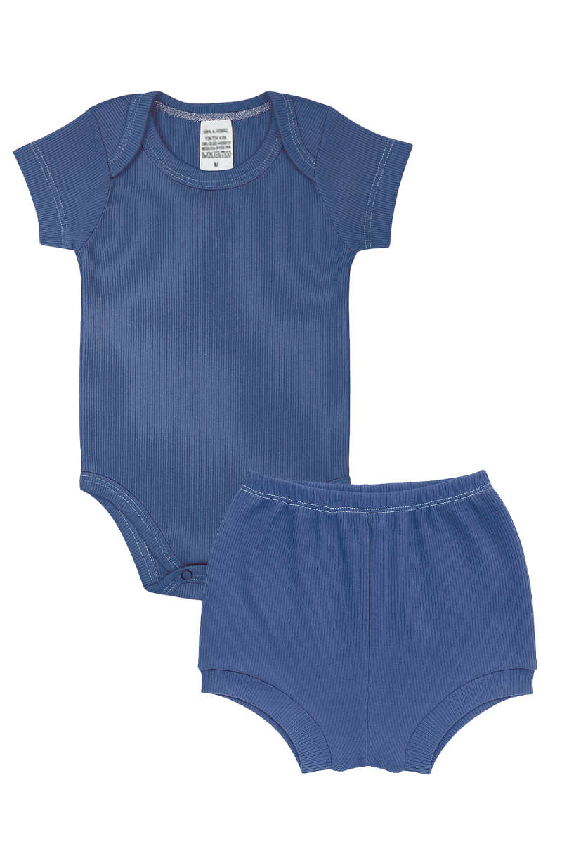 Conjunto Body Bebê Verão Menino 2 Peças Canelado Azul - TonTon Kids