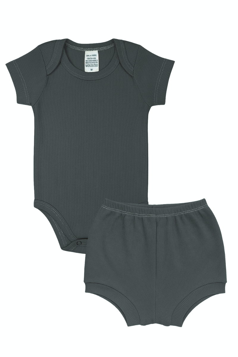 Conjunto Body Bebê Verão Menino 2 Peças Canelado Cinza Escuro - TonTon Kids