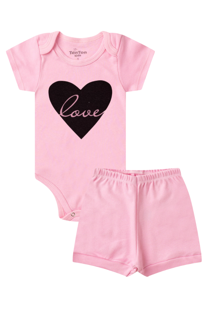 Conjunto Body Bebê Verão Menina 2 Peças Coracao Love Rosa - TonTon Kids