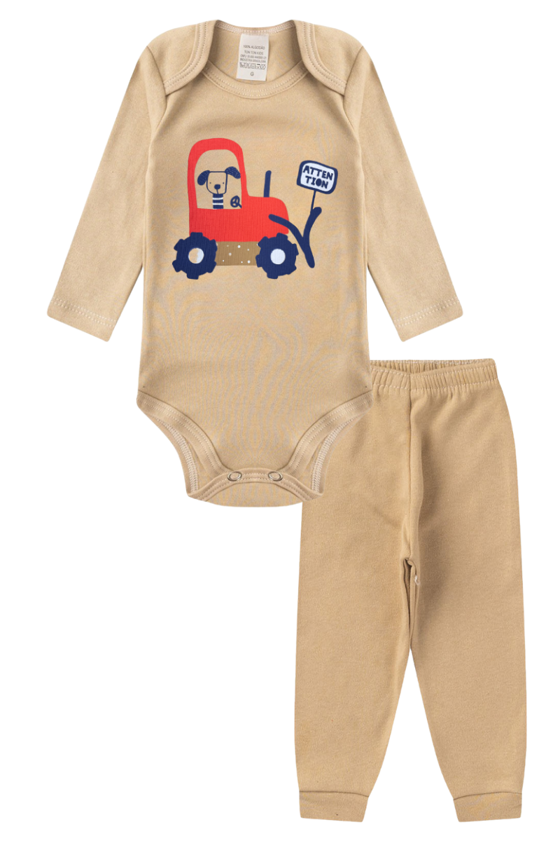 Conjunto Body Bebê Inverno Menino 2 Peças Trator Bege - TonTon Kids