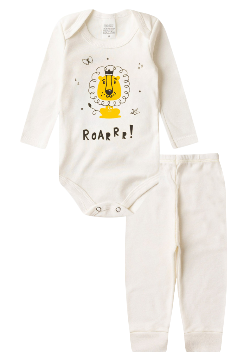 Conjunto Body Bebê Inverno Menino 2 Peças Leao Roar Off White - TonTon Kids