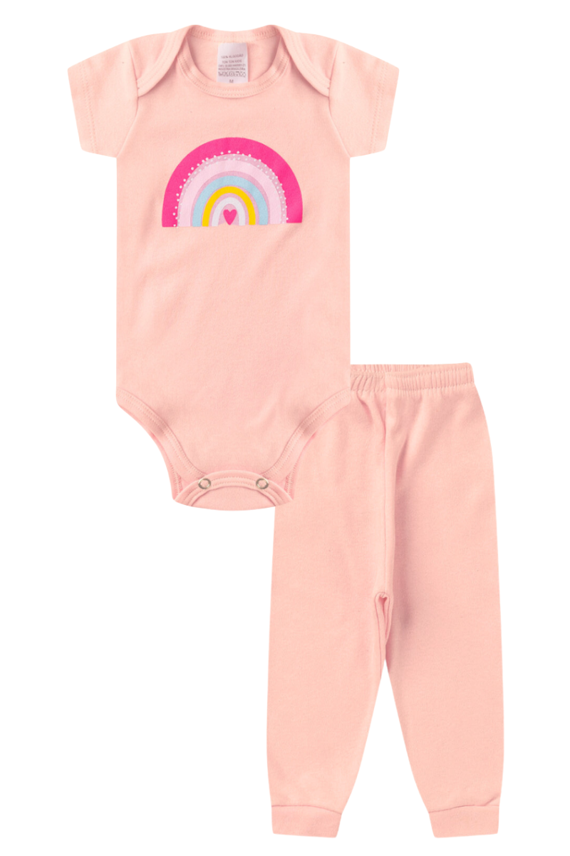 Conjunto Body Bebê Manga Curta Menina 2 Peças Arco Íris Salmao - TonTon Kids