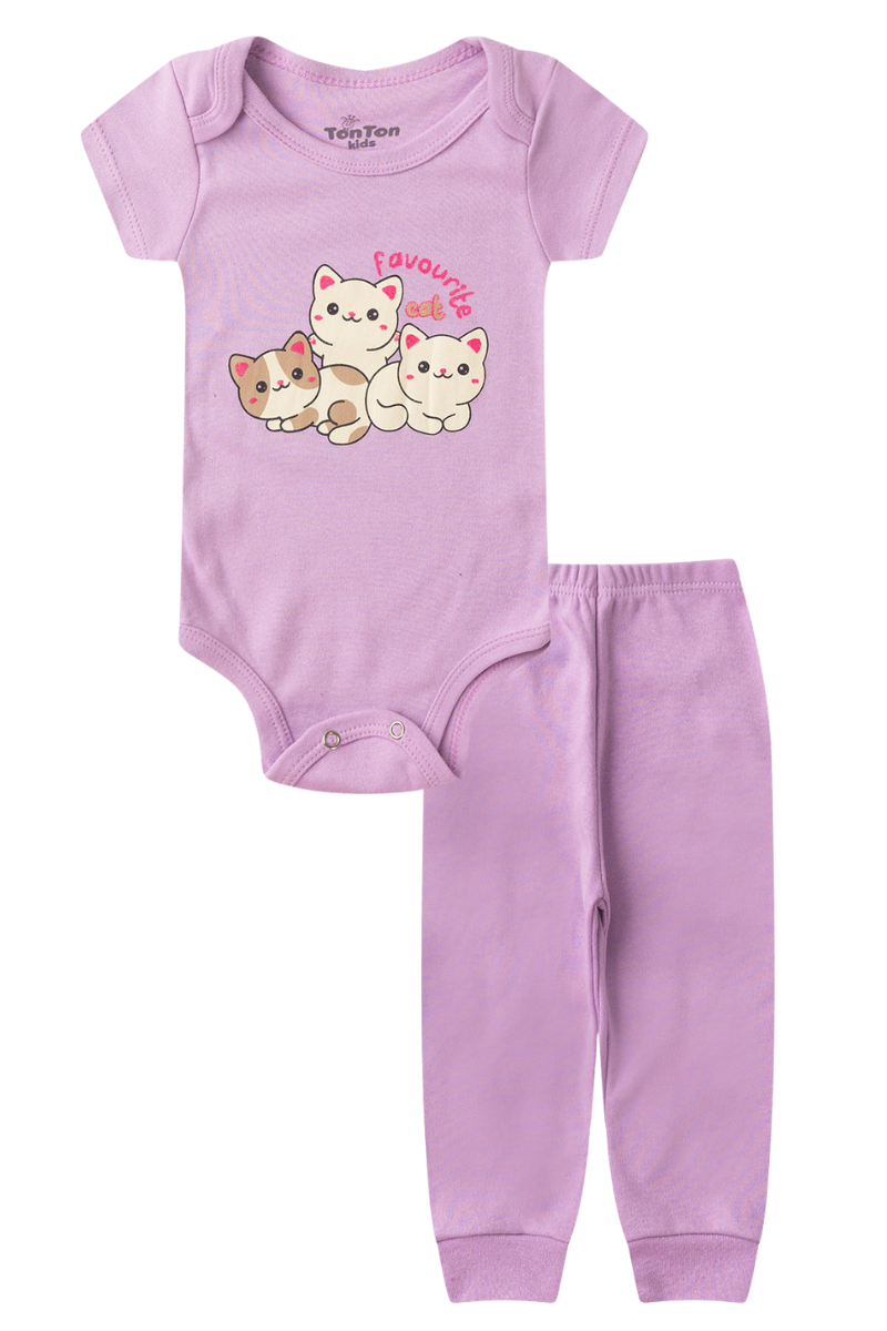 Conjunto Body Bebê Manga Curta Menina 2 Peças Gatinhas Lilas - TonTon Kids