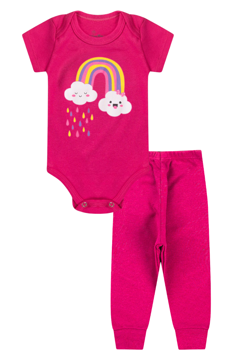 Conjunto Body Bebê Manga Curta Menina 2 Peças Arco Íris Pink - TonTon Kids