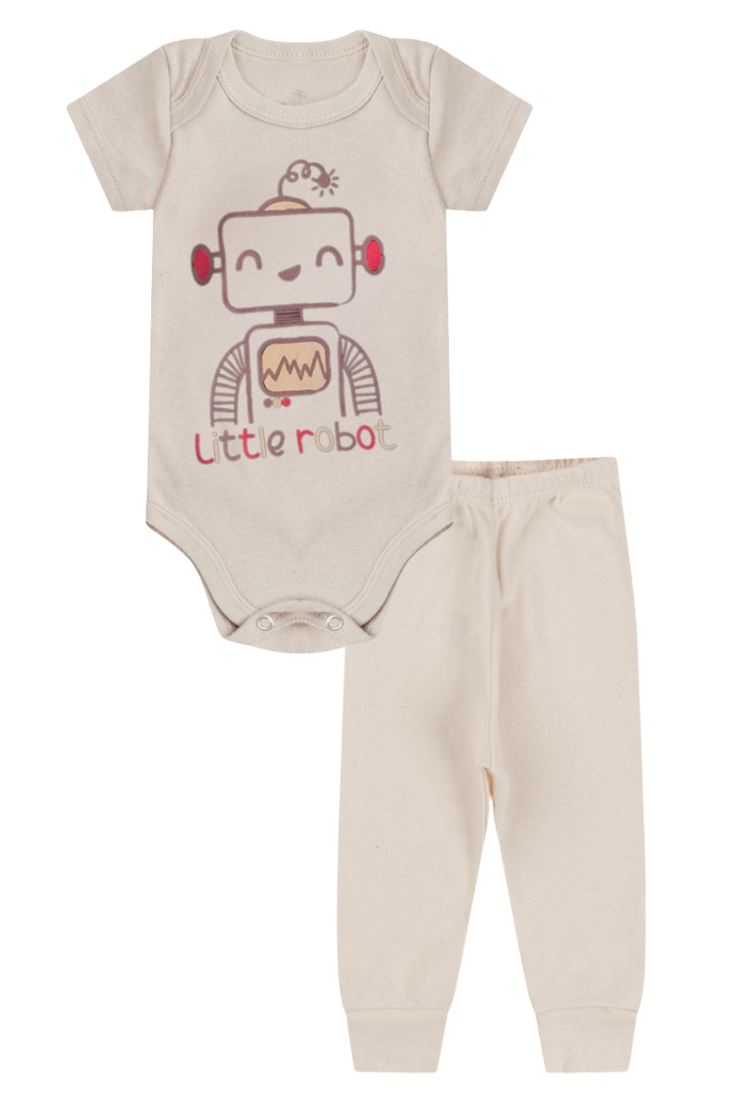 Conjunto Body Bebê Manga Curta Menino 2 Peças Robo Bege - TonTon Kids