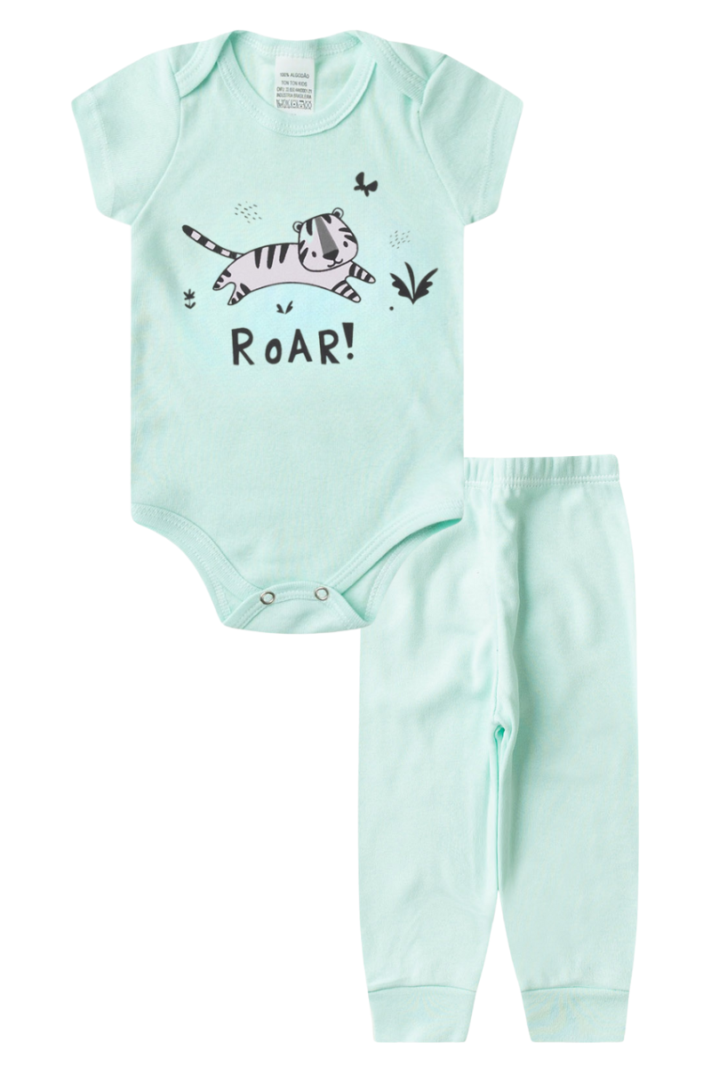 Conjunto Body Bebê Manga Curta Menino 2 Peças Tigre Roar Verde Claro - TonTon Kids