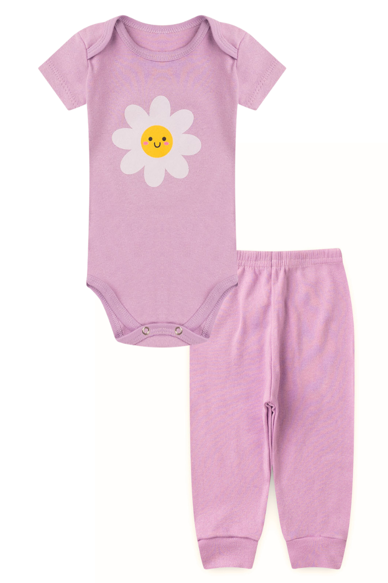 Conjunto Body Bebê Manga Curta Menina 2 Peças Flor Lilas - TonTon Kids
