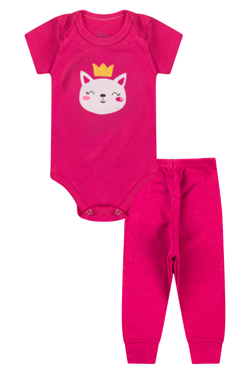 Conjunto Body Bebê Manga Curta Menina 2 Peças Gatinha Pink - TonTon Kids