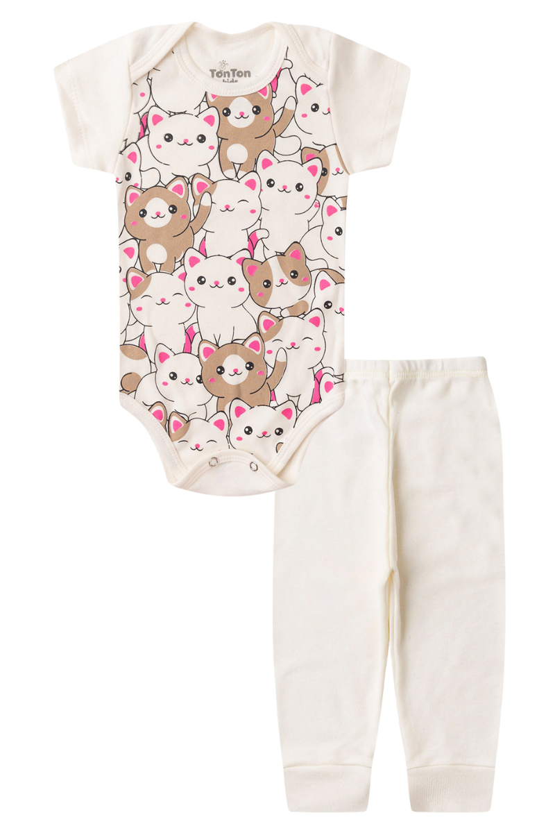 Conjunto Body Bebê Manga Curta Menina 2 Peças Gatinhos Off White - TonTon Kids Ton 2495 Off