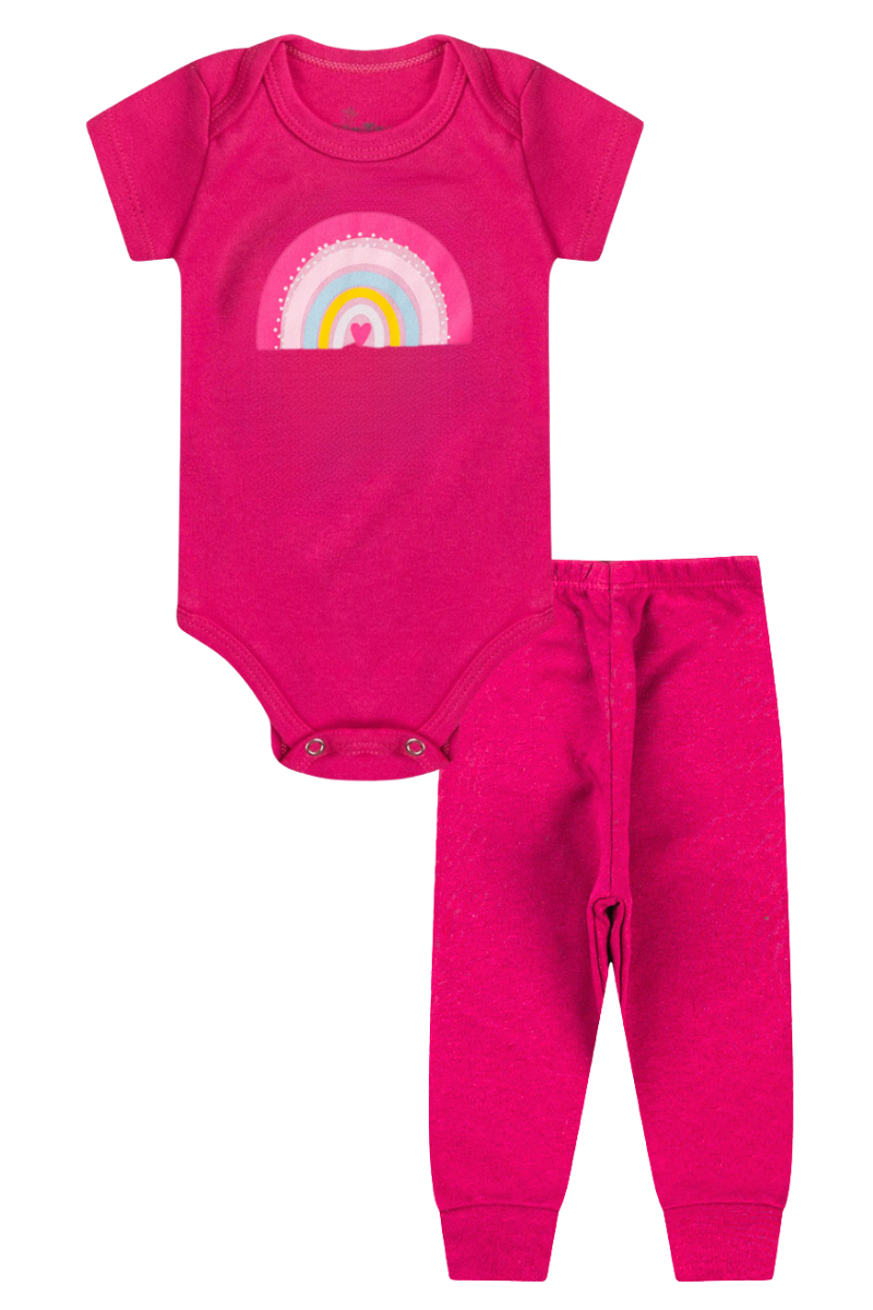 Conjunto Body Bebê Manga Curta Menina 2 Peças Arco Íris Pink - TonTon Kids Ton 2496 Pnk