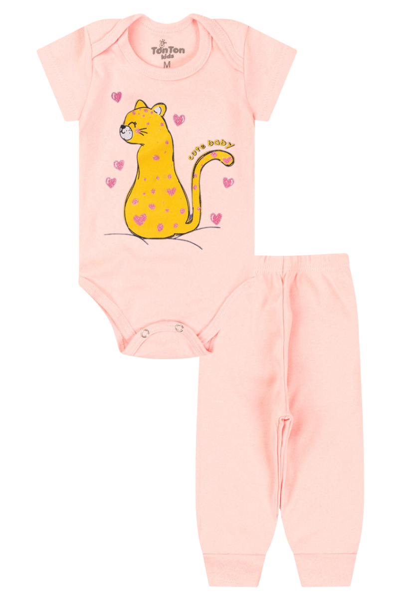 Conjunto Body Bebê Manga Curta Menina 2 Peças Gatinha Salmao - TonTon Kids