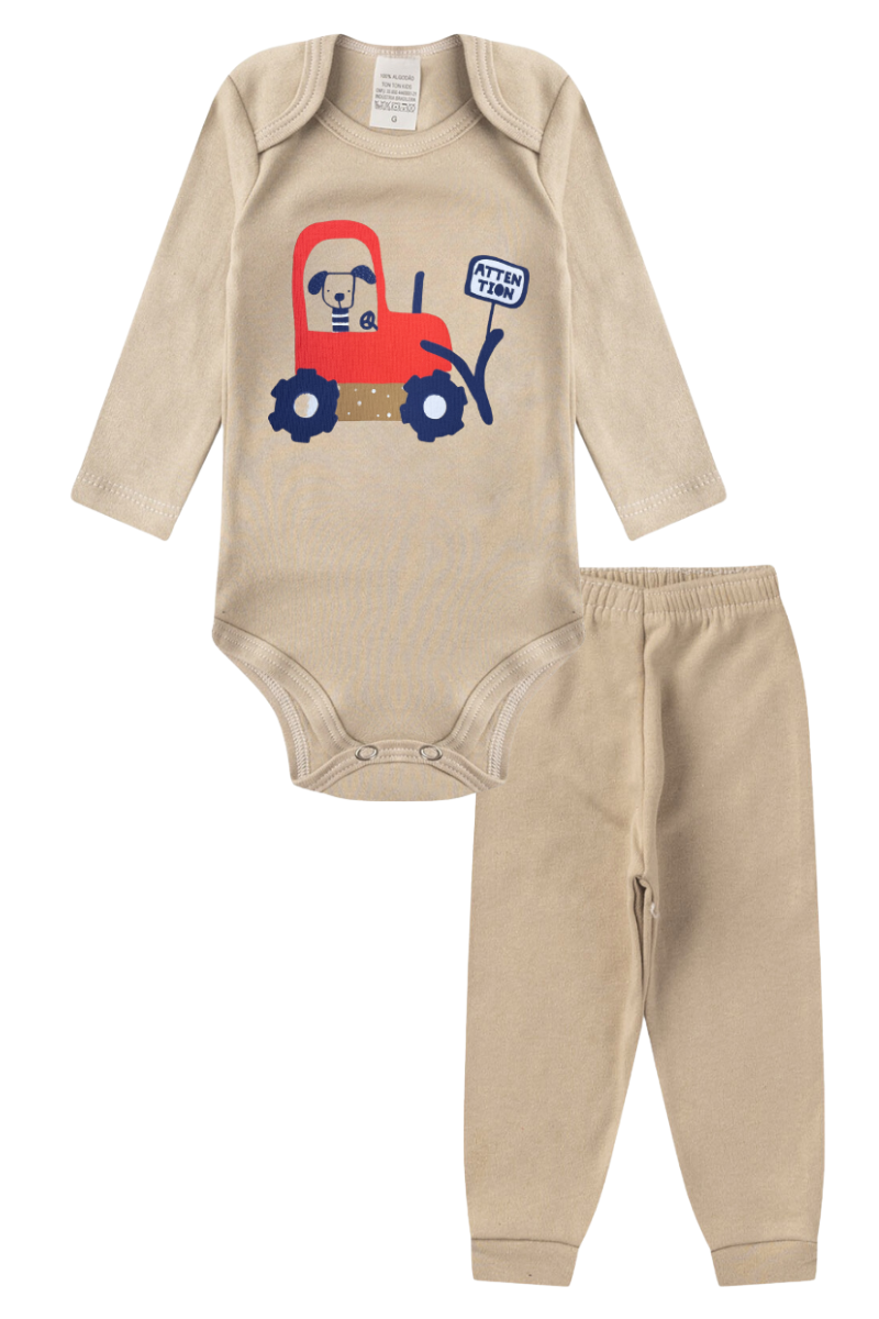 Conjunto Body Bebê Inverno Menino 2 Peças Trator Bege - TonTon Kids Ton 2500 Beg