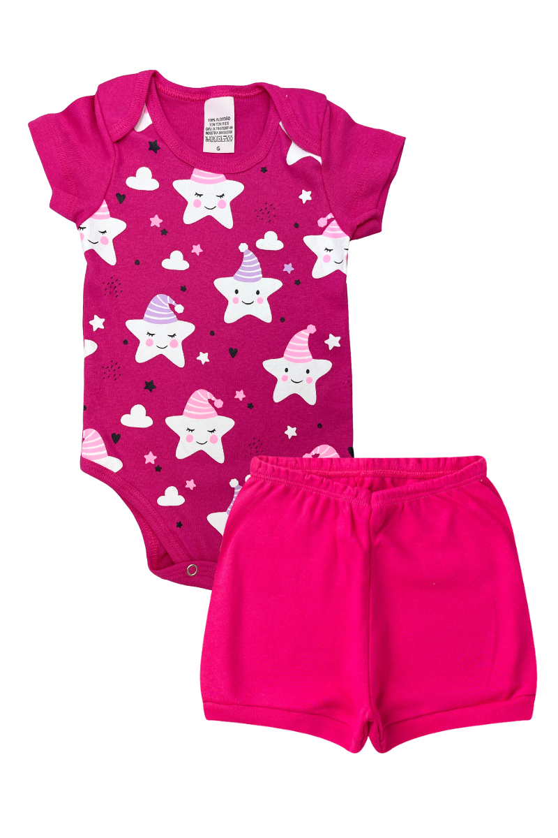 Conjunto Body Bebê Verão Menina 2 Peças Entrelas Pink - TonTon Kids