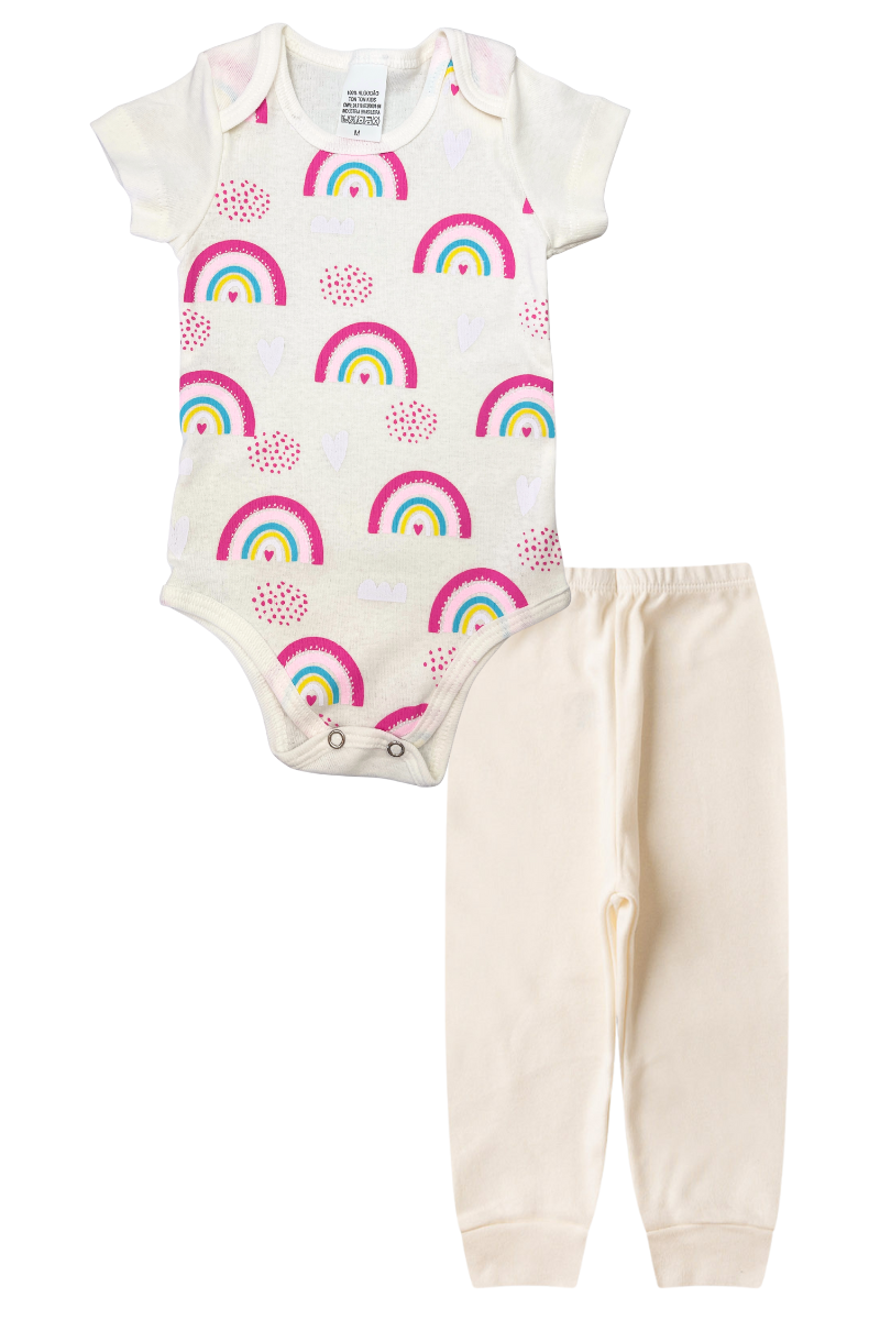 Conjunto Body Bebê Manga Curta Menina 2 Peças Arco Íris Off White - TonTon Kids