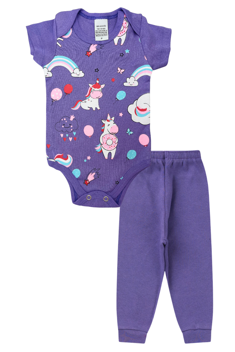Conjunto Body Bebê Manga Curta Menina 2 Peças Unicornios Roxo - TonTon Kids