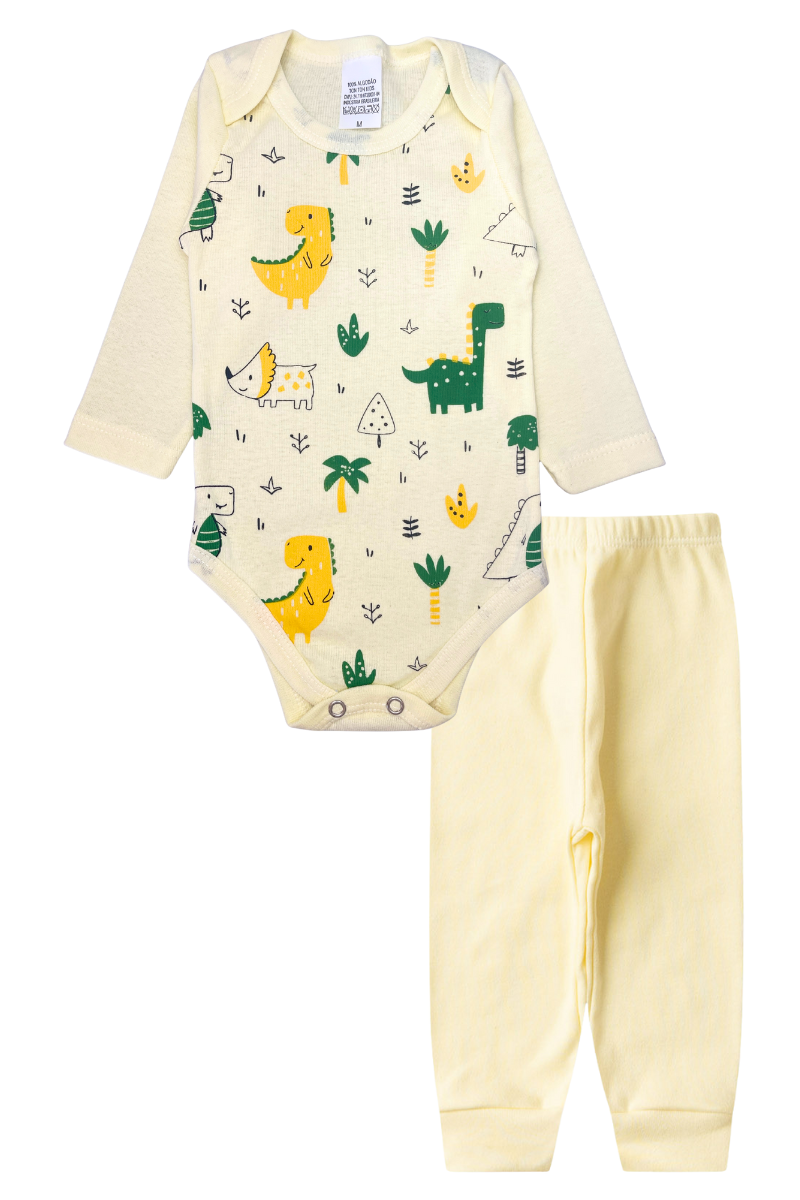 Conjunto Body Bebê Inverno Menino 2 Peças Dinos Amarelo - TonTon Kids
