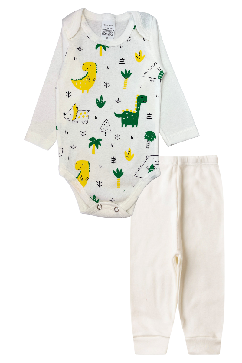 Conjunto Body Bebê Inverno Menino 2 Peças Dinos Off White - TonTon Kids