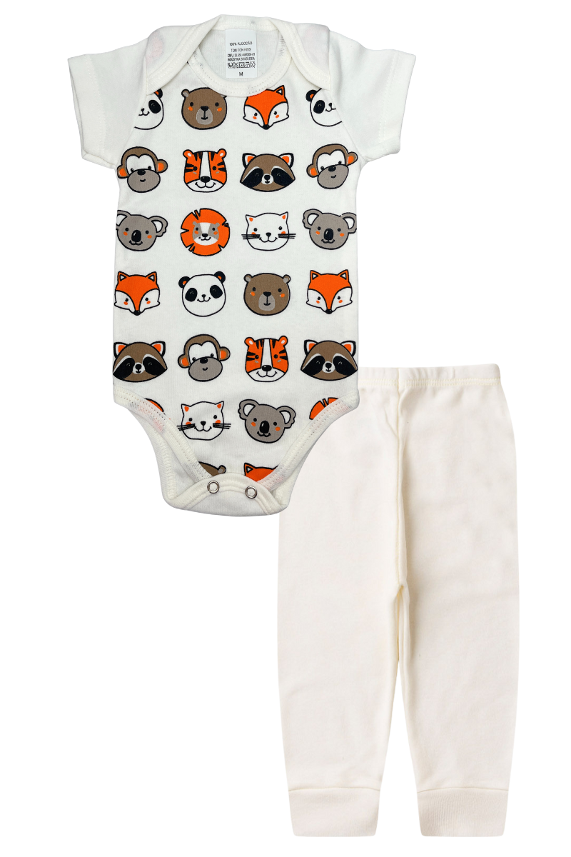 Conjunto Body Bebê Manga Curta Menino 2 Peças Animais Off White - TonTon Kids Ton 2433 Off