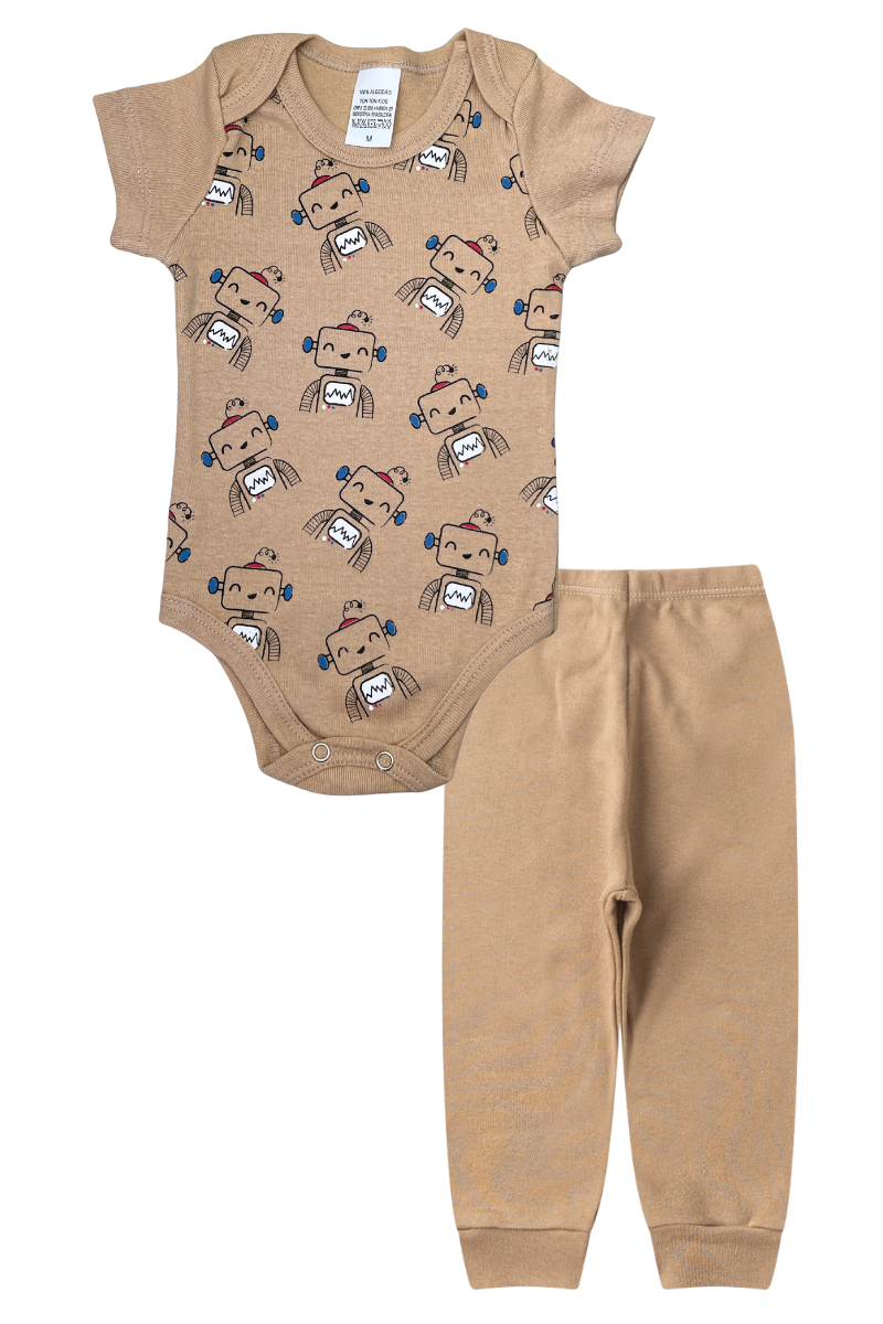 Conjunto Body Bebê Manga Curta Menino 2 Peças Robos Bege - TonTon Kids