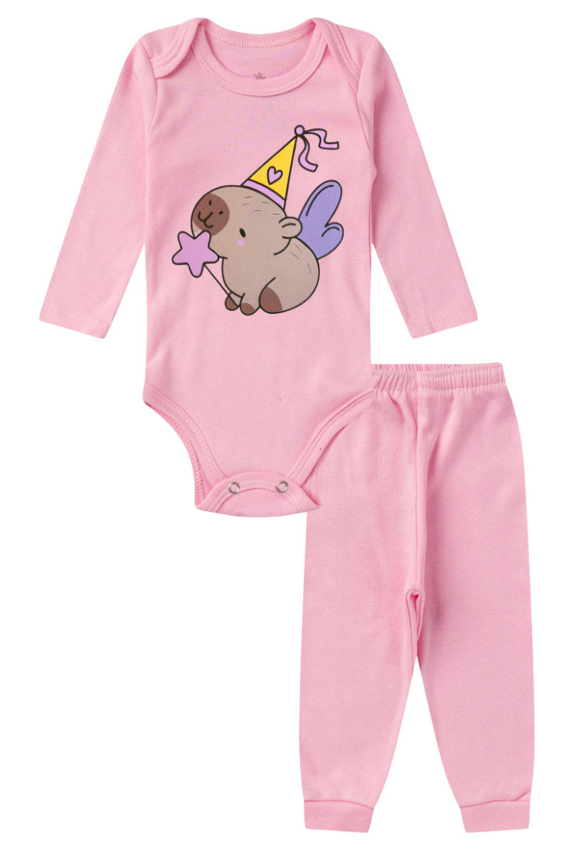 Conjunto Body Bebê Inverno Menina 2 Peças Capivara Rosa - TonTon Kids