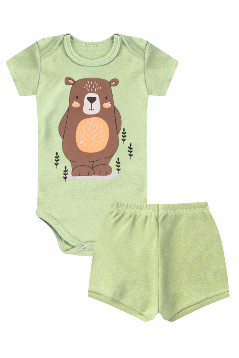 Conjunto Body Bebê Verão Menino 2 Peças Ursinho Verde Claro - TonTon Kids