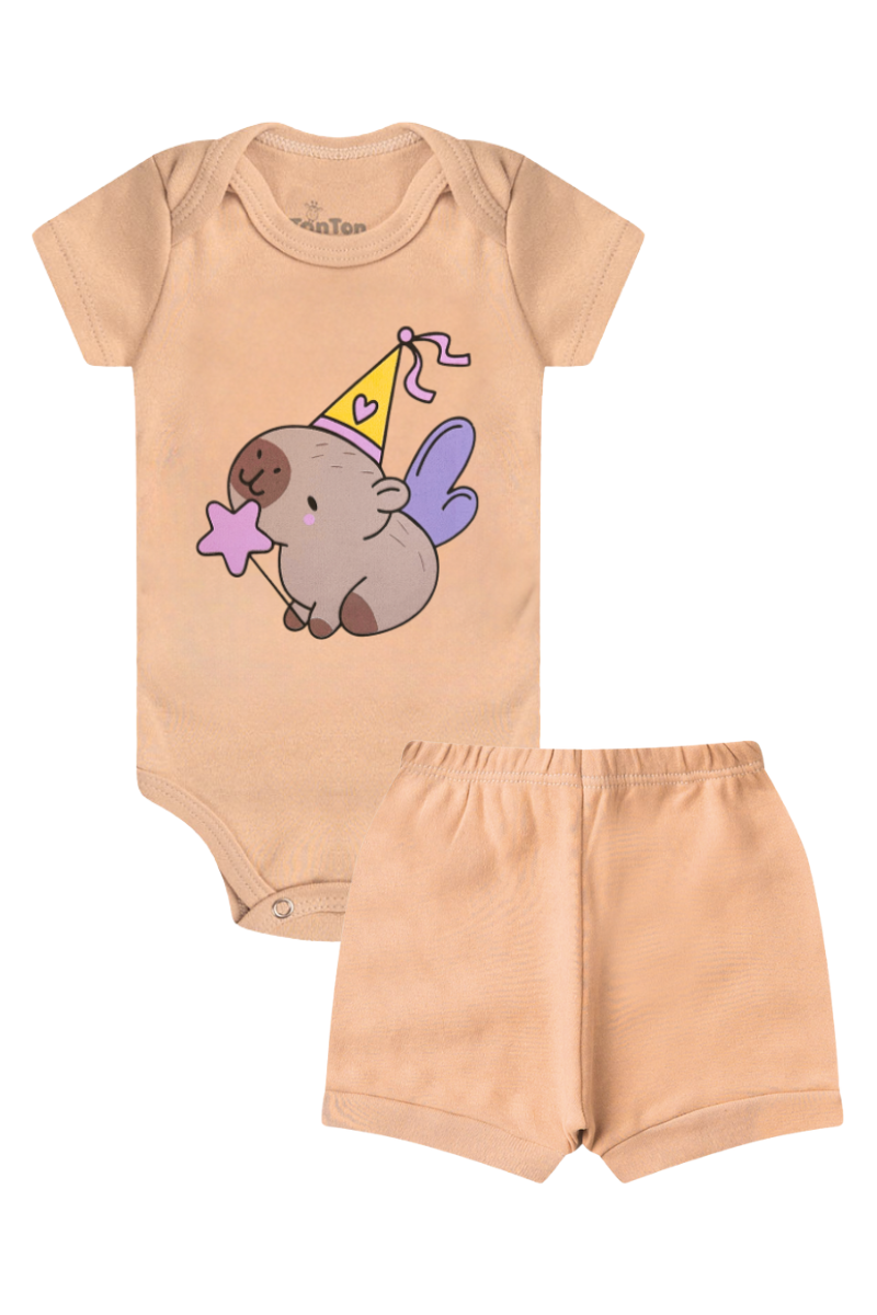 Conjunto Body Bebê Verão Menina 2 Peças Capivara Bege - TonTon Kids