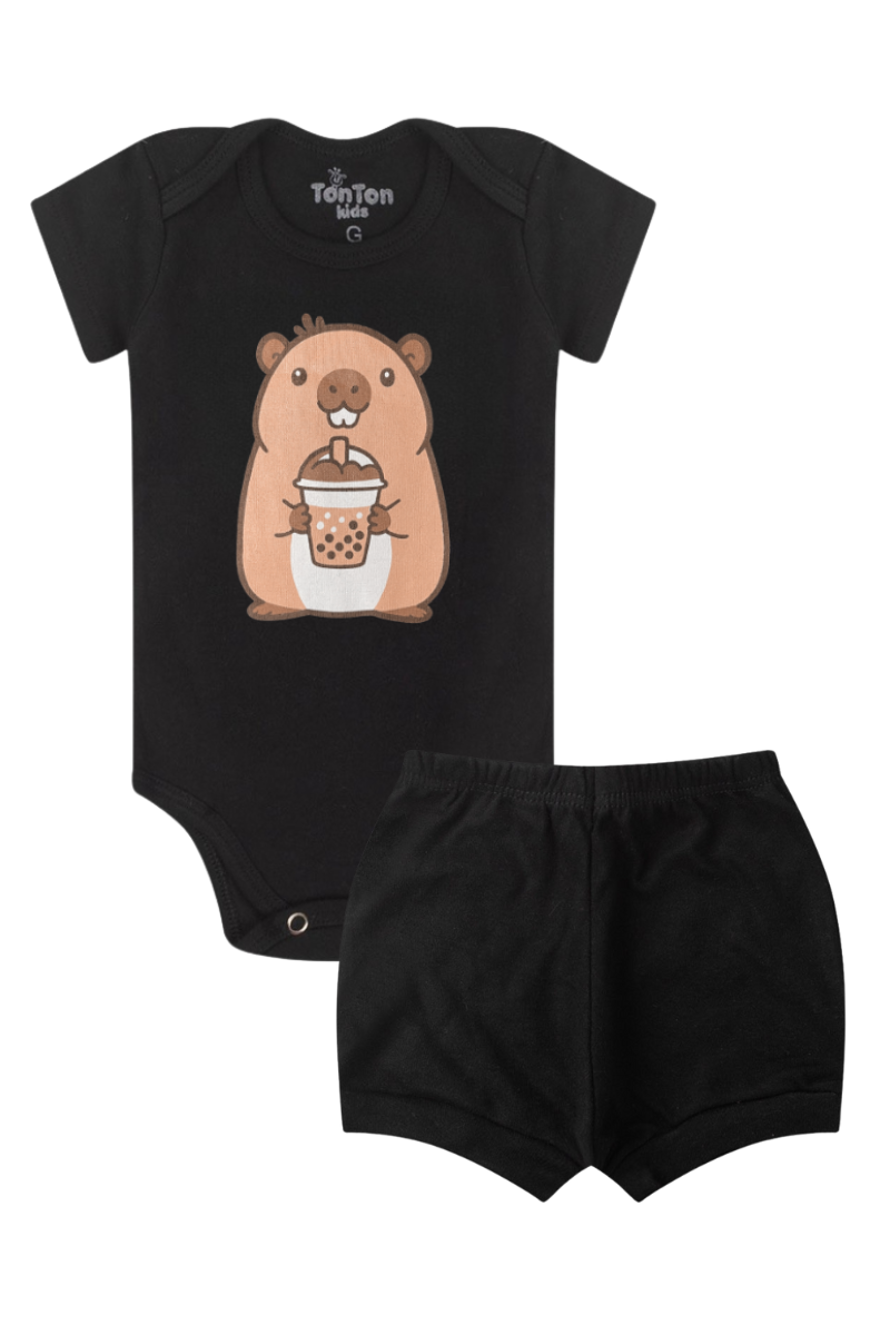 Conjunto Body Bebê Verão Menino 2 Peças Capivara Preto - TonTon Kids